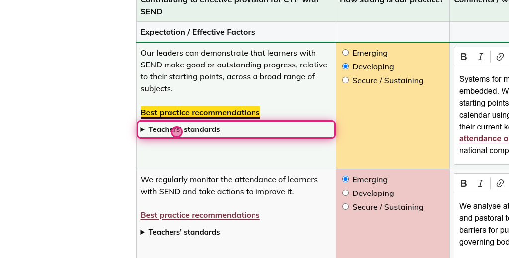 Screenshot of step 6, click on Teachers' standards