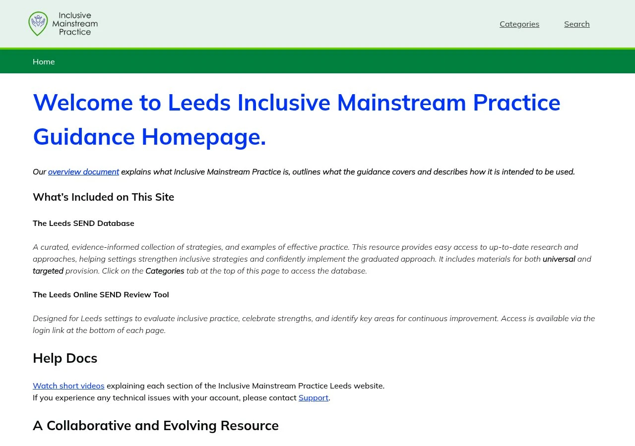 Leeds's Belong, Inclusive Mainstream Practice: the directory, search, context and data, the review and the action plan