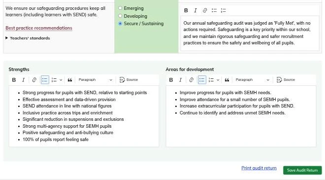 The foot of an audit return: strengths and areas for development, in the school's own words