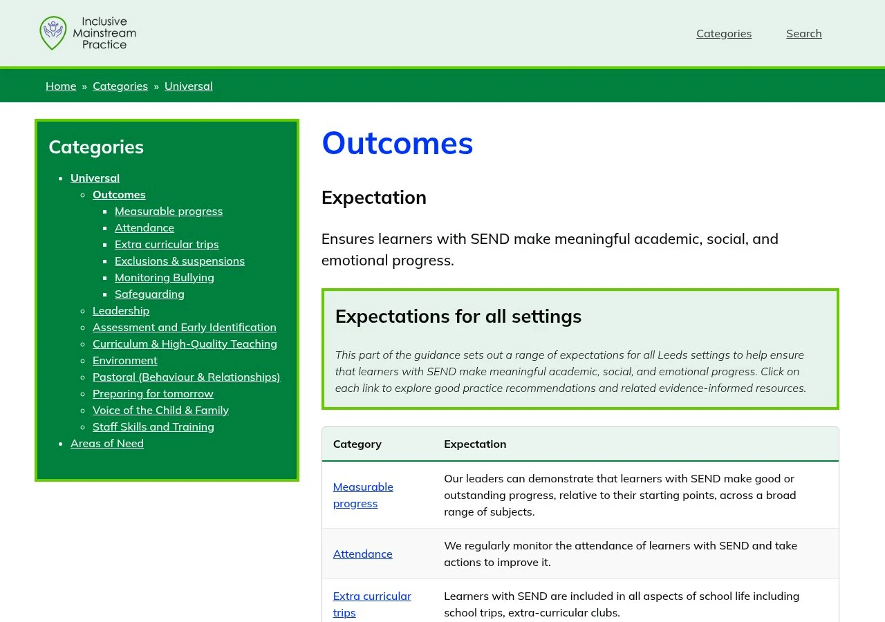 One area, Outcomes: six expectations written in the first person by the council's own teams, each a page