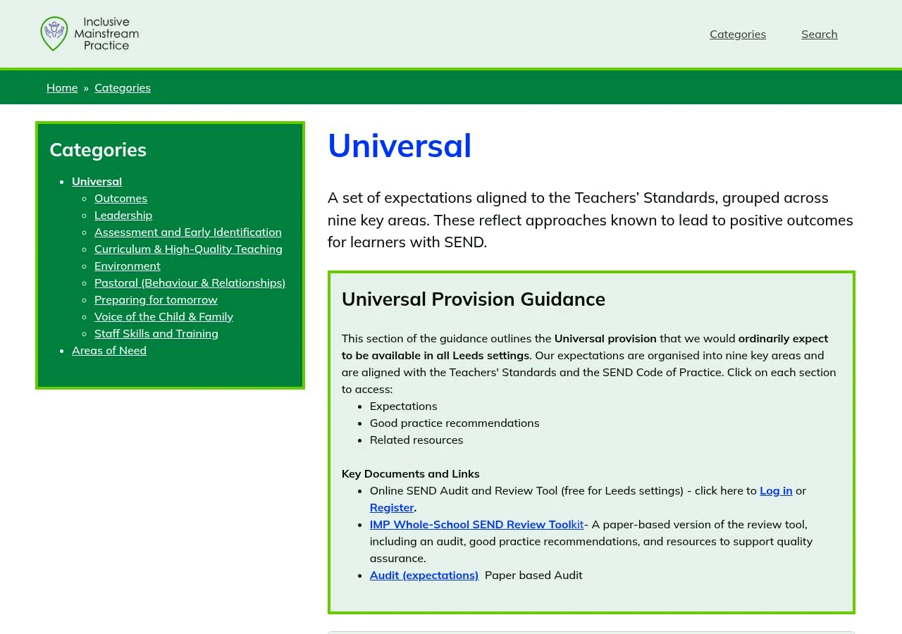 Universal: nine areas aligned to the Teachers' Standards, with the four areas of need beneath